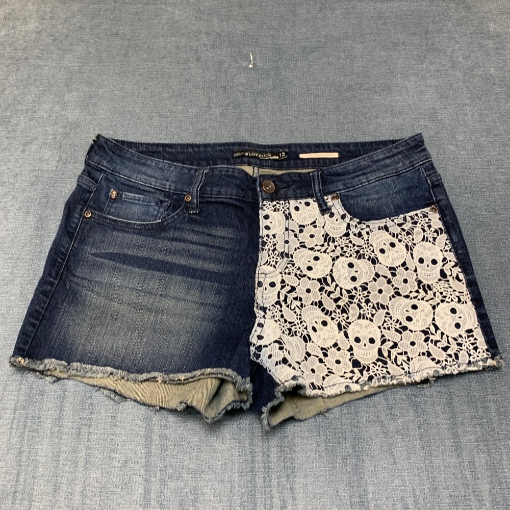 Lovesick Cutoff Shorts Womens 13 Blue Denim Stretch Low Rise White Skull Lace